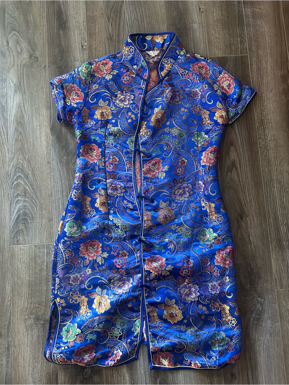 Royal Blue Floral Satin Mini Cheongsam Dress